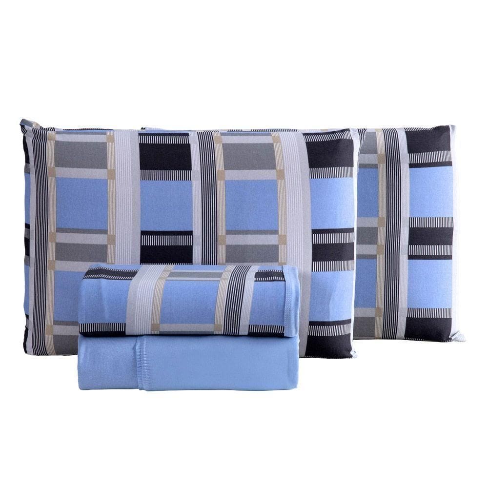 Jogo De Lençol Luar Casal 4 Peças Malha 100% Algodão Estampado - Xadrez Azul