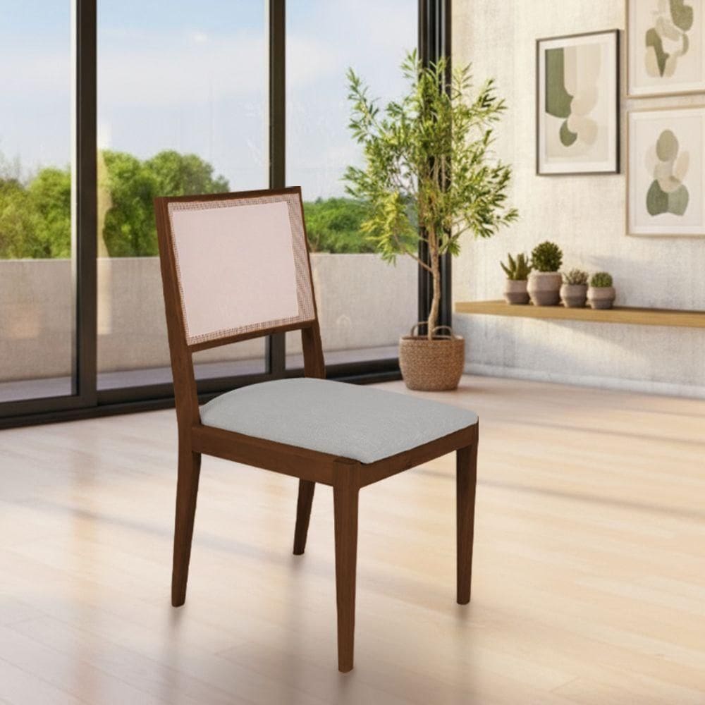 Cadeira De Jantar Suellen Em Madeira E Mdf Mel Linho Cinza Prata