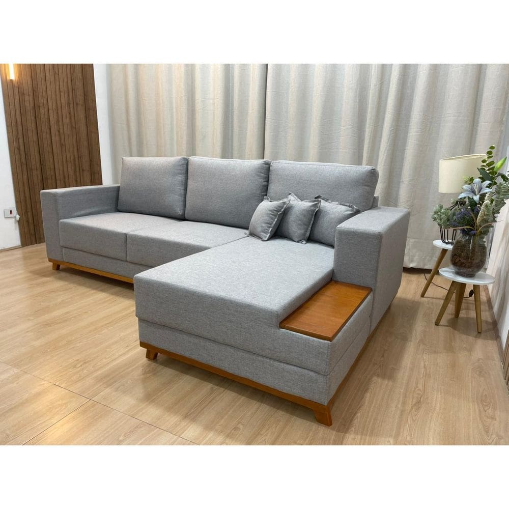 Sofá 3 Lugares 2,50 m Linho Cinza Chaise Aline Plus