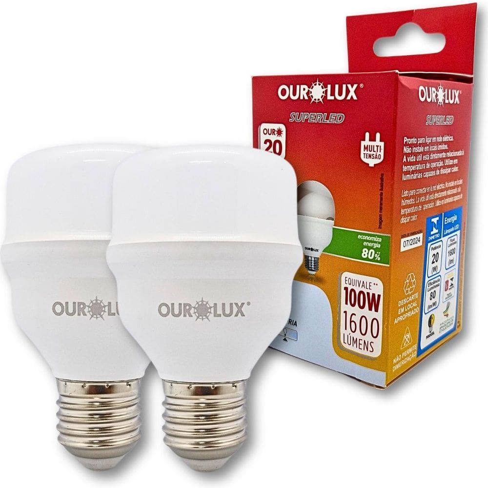 Kit 2 Lampadas Superled Alta Potencia Ourolux 20W E27 6500K