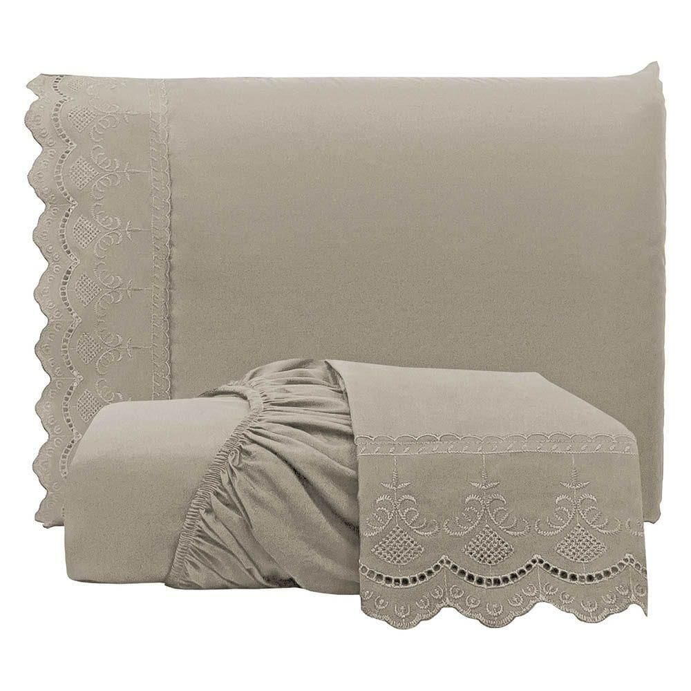 Jogo De Lençol Realce Queen 3 Peças Percal 300 Fios Bordado Inglês Macio - Fendi - 100% Poliéster