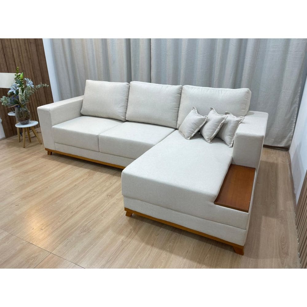 Sofá 3 Lugares 2,50 m Linho Bege Chaise Aline Plus