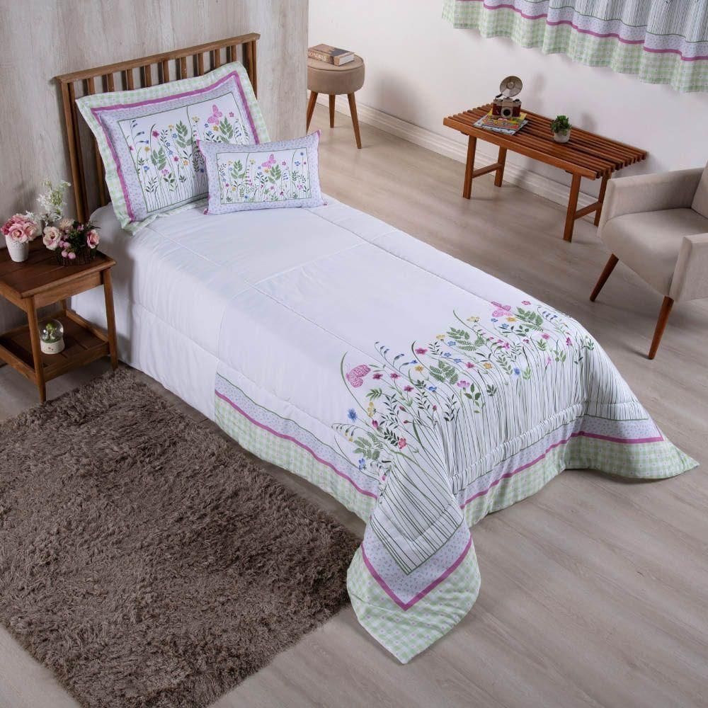 Kit Edredom Juvenil Solteiro 04 Peças Estampado 300 Fios - Jardim - 100% Poliéster