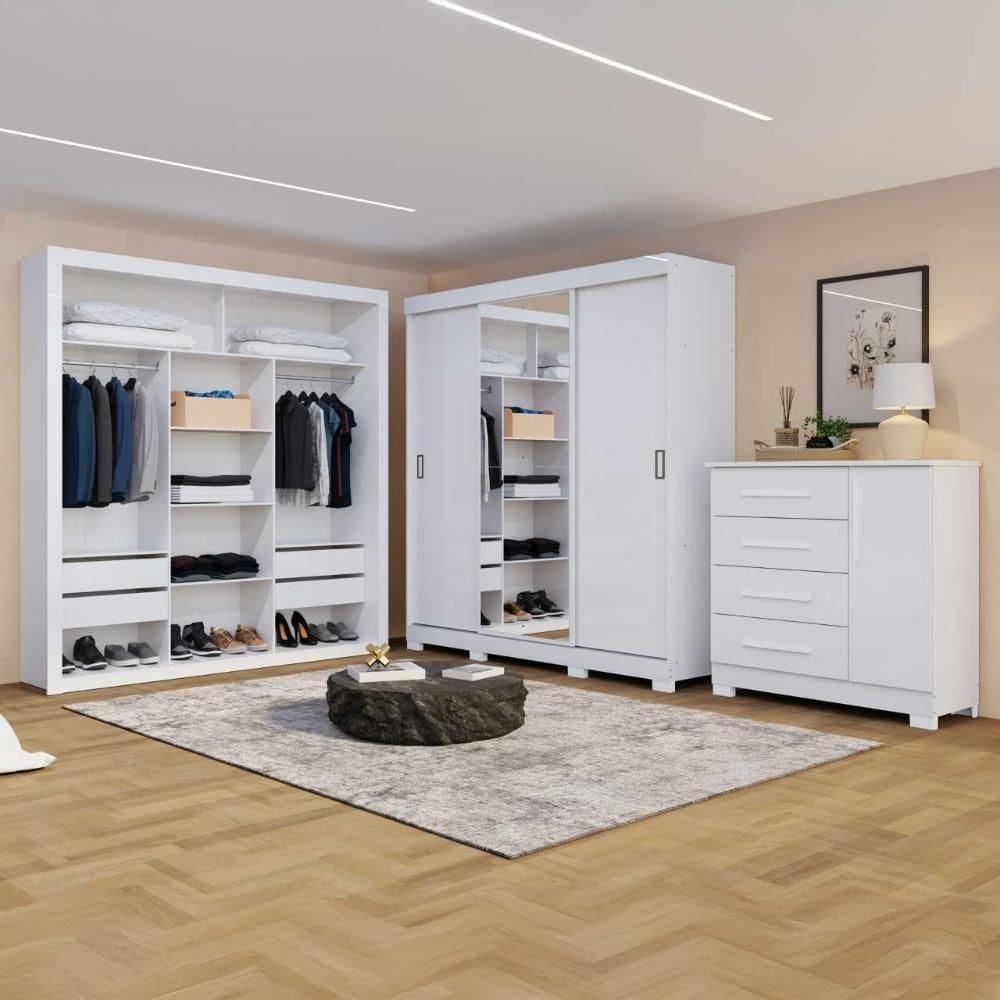 Conjunto Para Quarto Guarda Roupa Cômoda E Closet Branco Amoudi Móveis Branco