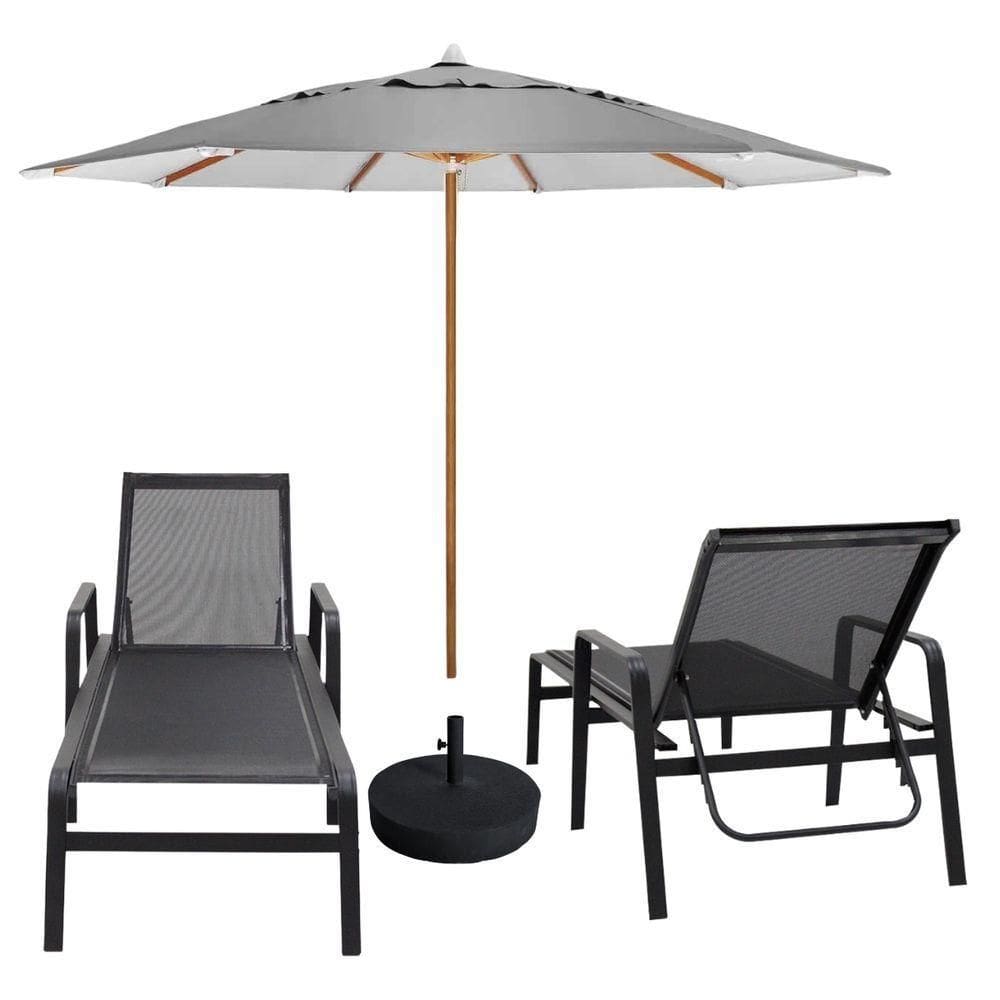 Kit 2 Espreguiçadeiras Piscina Sevilha + Guarda Sol Praia Com Base Preto