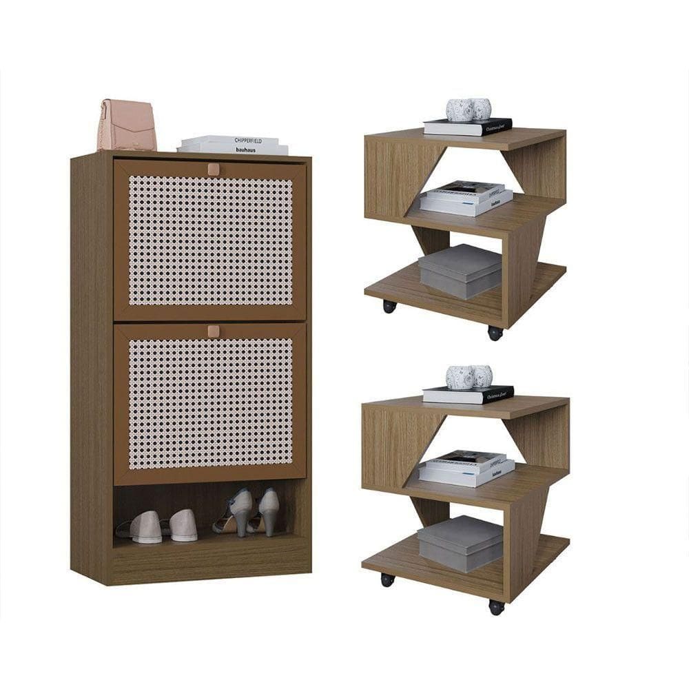 Kit Sapateira 2 Portas E 2 Mesas De Cabeceira/centro Poquema Carvalho