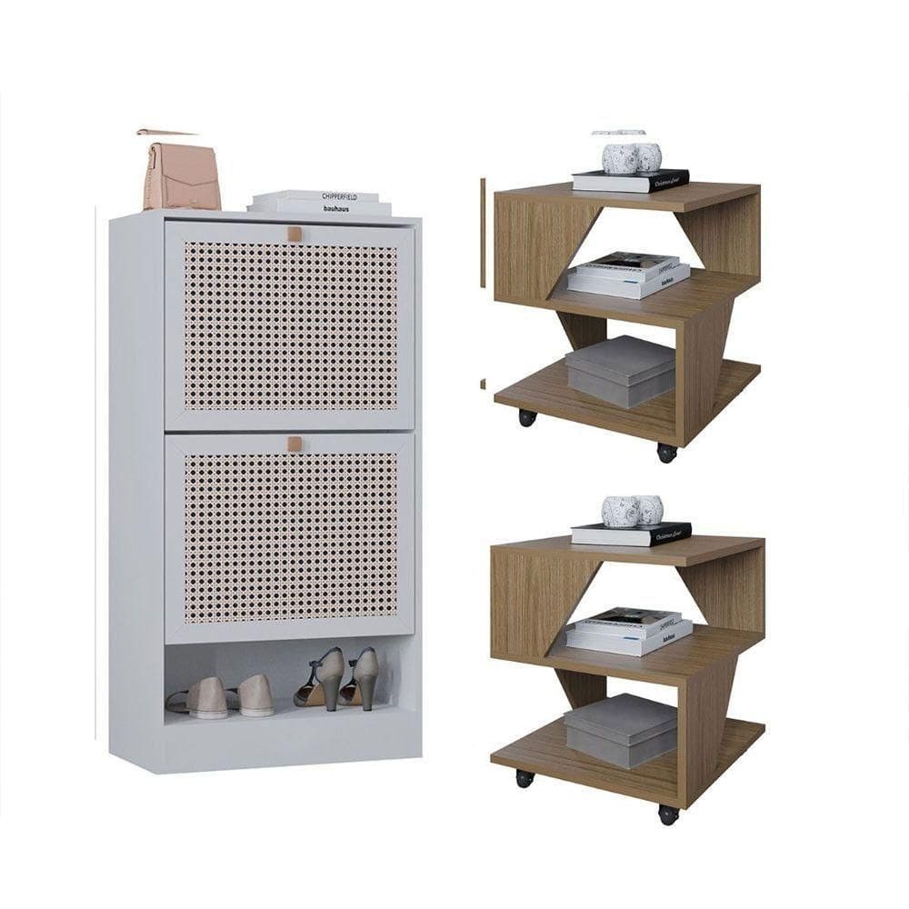 Kit Sapateira 2 Portas E 2 Mesas De Cabeceira/centro Poquema Carvalho/branco