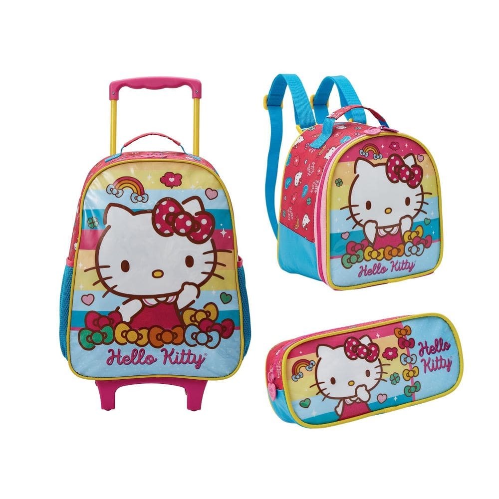 Kit Mochila Carrinho E Rodas Lancheira E Estojo Hello Kitty