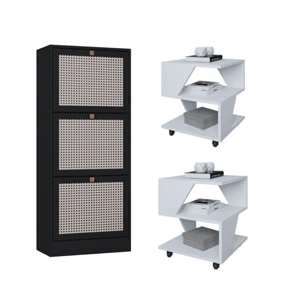 Kit Sapateira Spin Tropical 3 Portas E 2 Mesas De Cabeceira Branco/preto