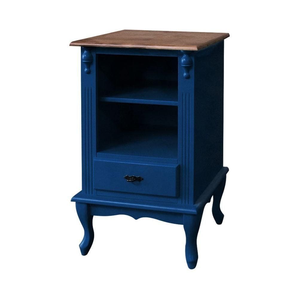 Mesa De Cabeceira Com Gaveta E Pés Luiz Xv - Azul Bic Com Tampo Imbuia Glazer