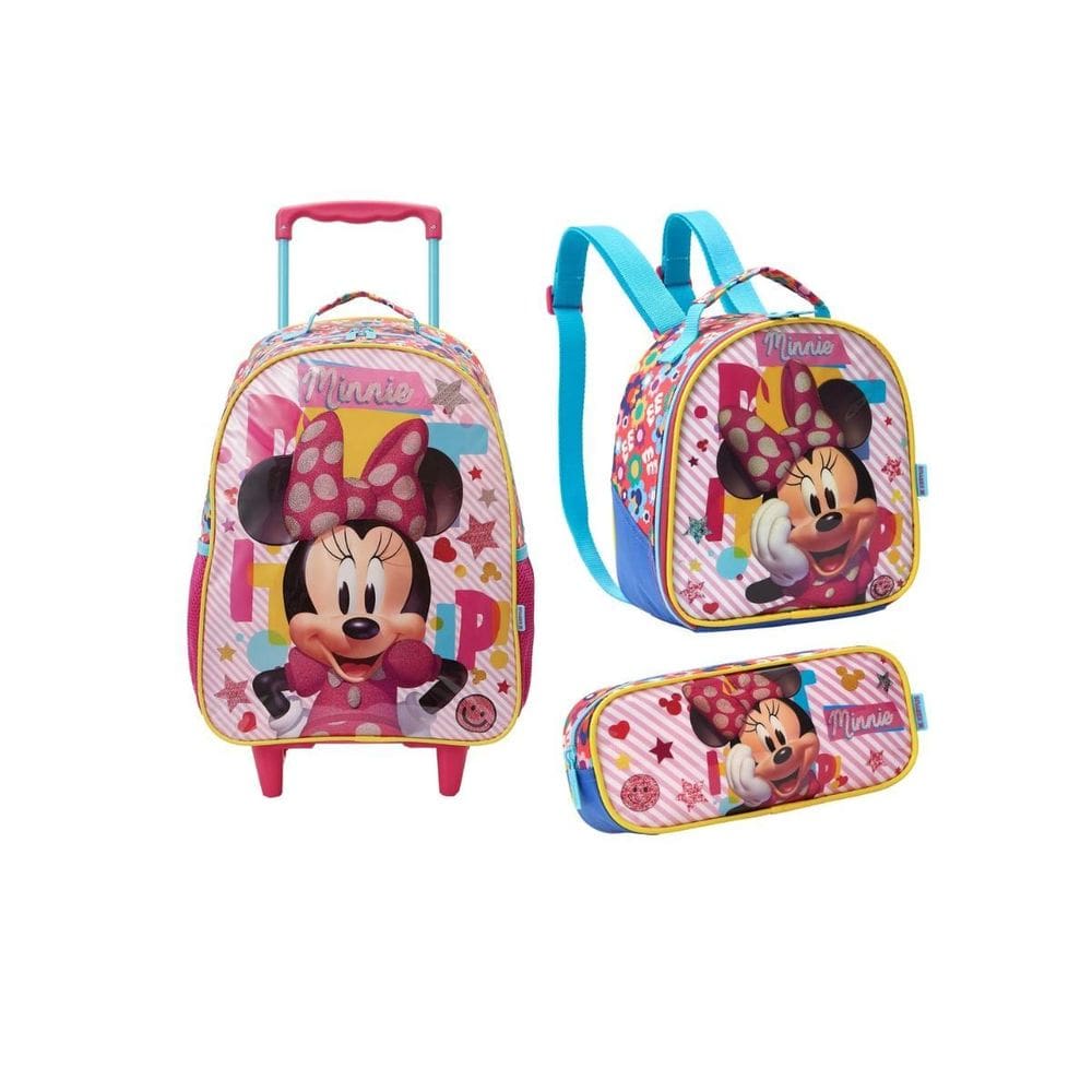 Kit Mochila Escolar Rodas + Lancheira + Estojo Minnie Mouse