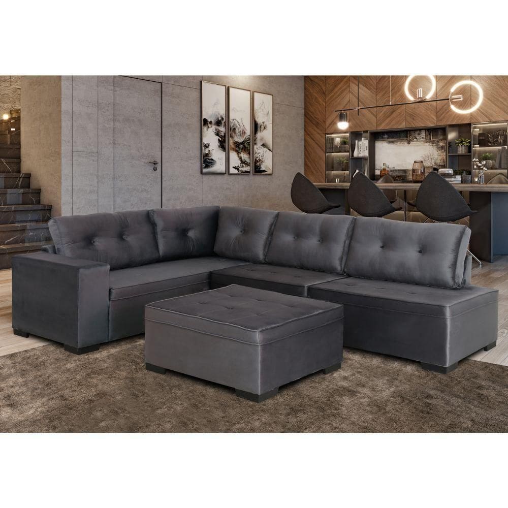 Sofá De Canto 3x2 Lugares Com Puff Monaco Design Estofados