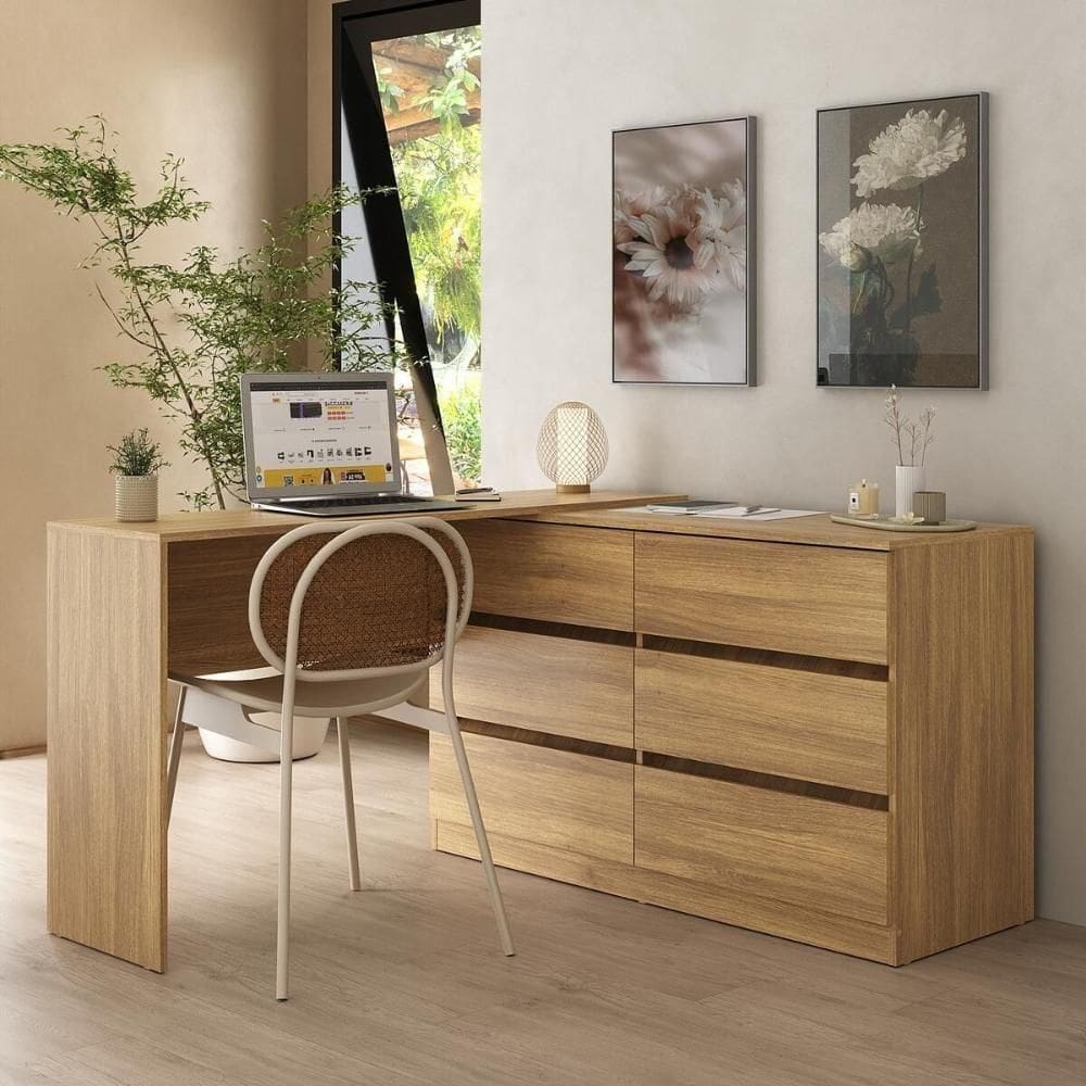 Escrivaninha Em L 120cm Com 6 Gavetas Multimóveis Mp6030 Madeirado