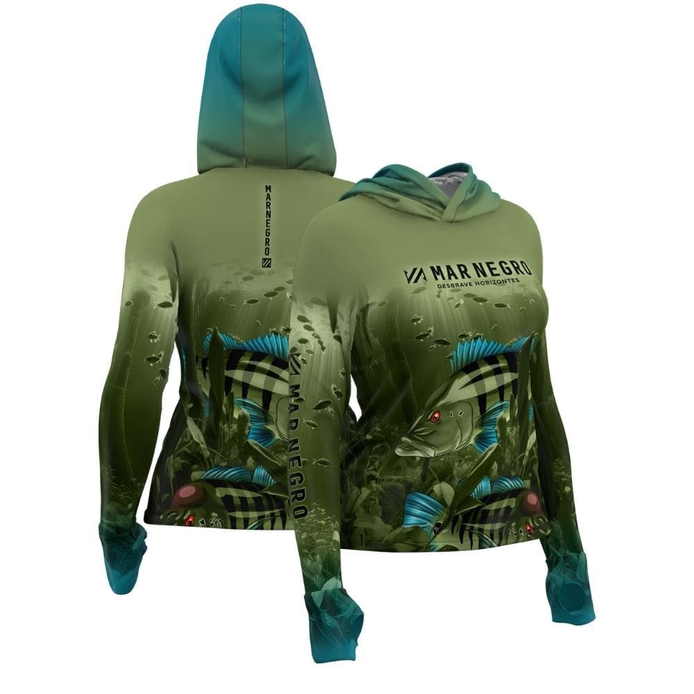 Camiseta para pesca feminina manga longa com capuz Mar Negro X Protection Tucuna Family com proteção UV50+
