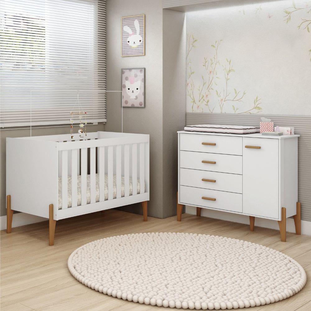 Quarto de Bebê com Cômoda e Berço Mini Cama 100% Mdf Retrô Acetinado atóxico Liris Branco
