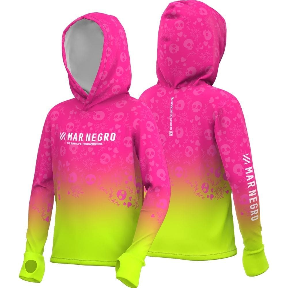 Camisa para Pesca Infantil com capuz Mar Negro X Protection Caveira Rosa com proteção UV50+