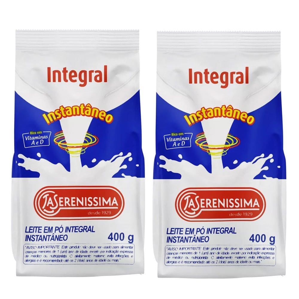 2 Unidades Leite em Pó Integral Instantaneo LA SERENÍSSIMA Sachê 400g