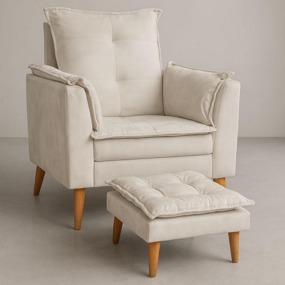 Poltrona Amamentação Conforto Com Mini Puff Veludo Premium Bege