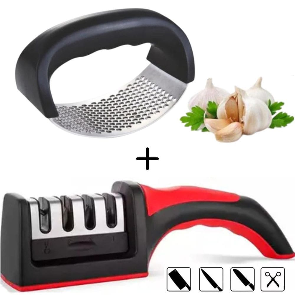 Kit Utensílios Práticos: Triturador De Alho + Afiador
