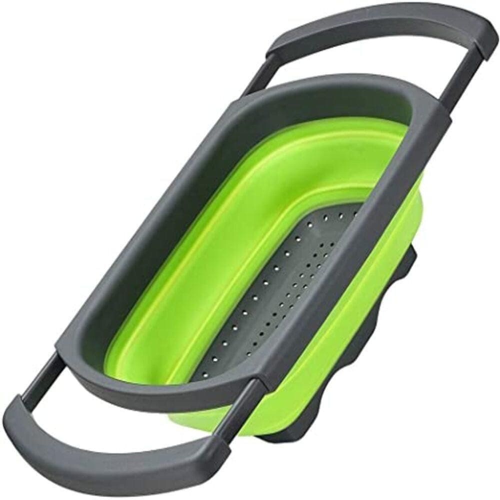 Escorredor De Massas E Macarrão Com Alça Retrátil De Pia Silicone Legumes Frutas Ajustável Verde
