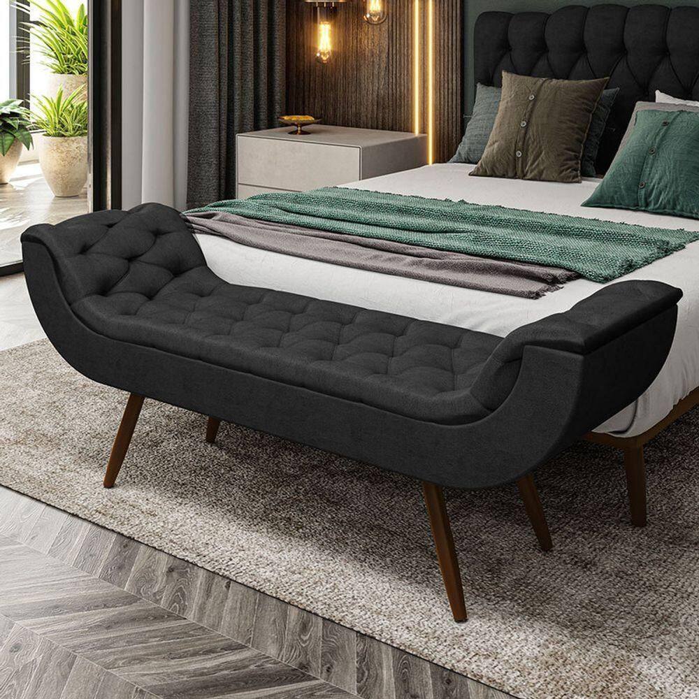 Recamier Puff Estofado Casal 140 Cm Drusa Veludo Preto
