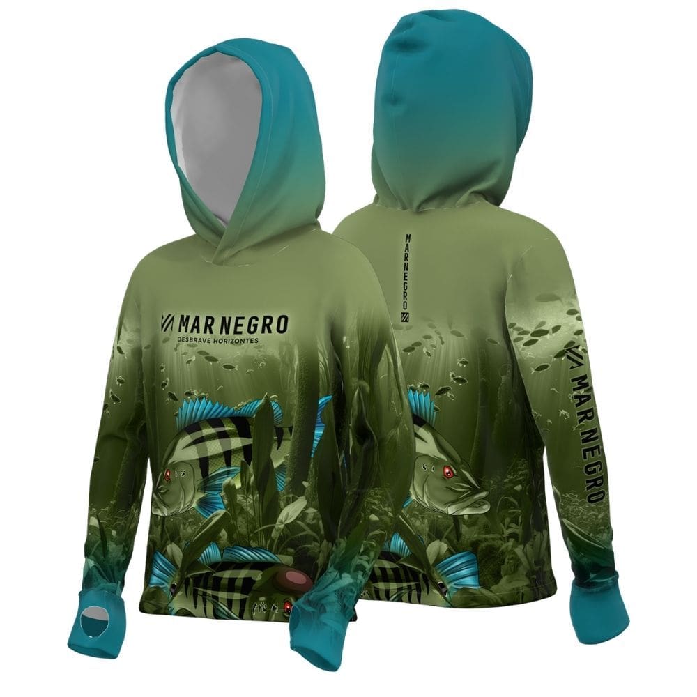 Camisa para Pesca Infantil manga longa com capuz Mar Negro X-Protection Tucuna Family com proteção UV50+