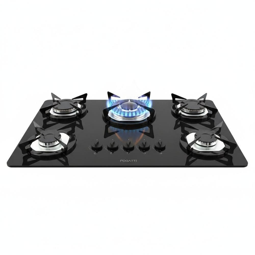 Cooktop Fogatti à Gás Fgt 5b Tc Vidro Preto Flange Inox Preto Bivolt