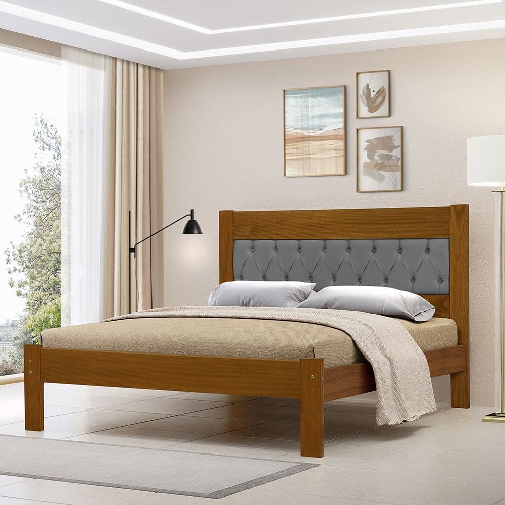 Cama de Casal de Madeira Castanho Viena com Cabeceira Estofada Veludo Cinza