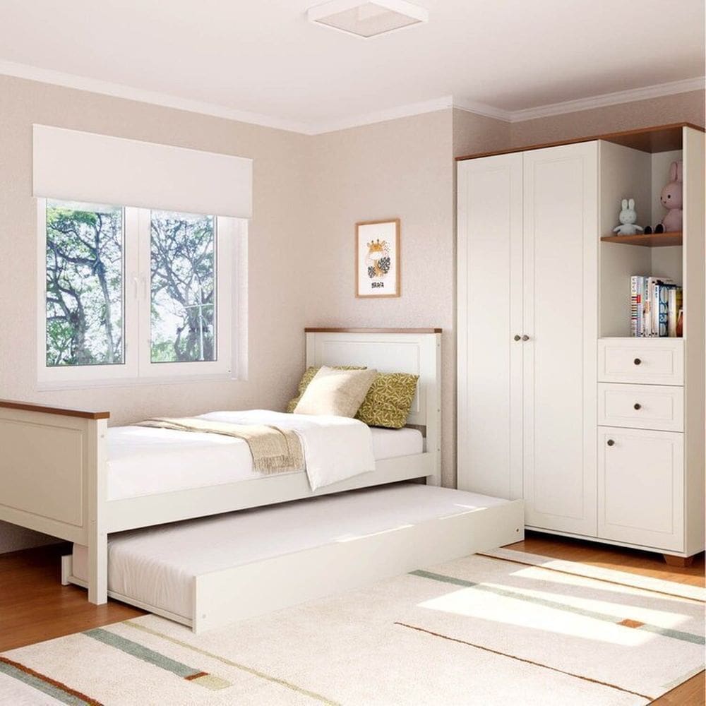 Quarto Juvenil Completo Bicama Solteiro e Guarda Roupa Ananda Casatema MadeiraOriginals Off White/Mel