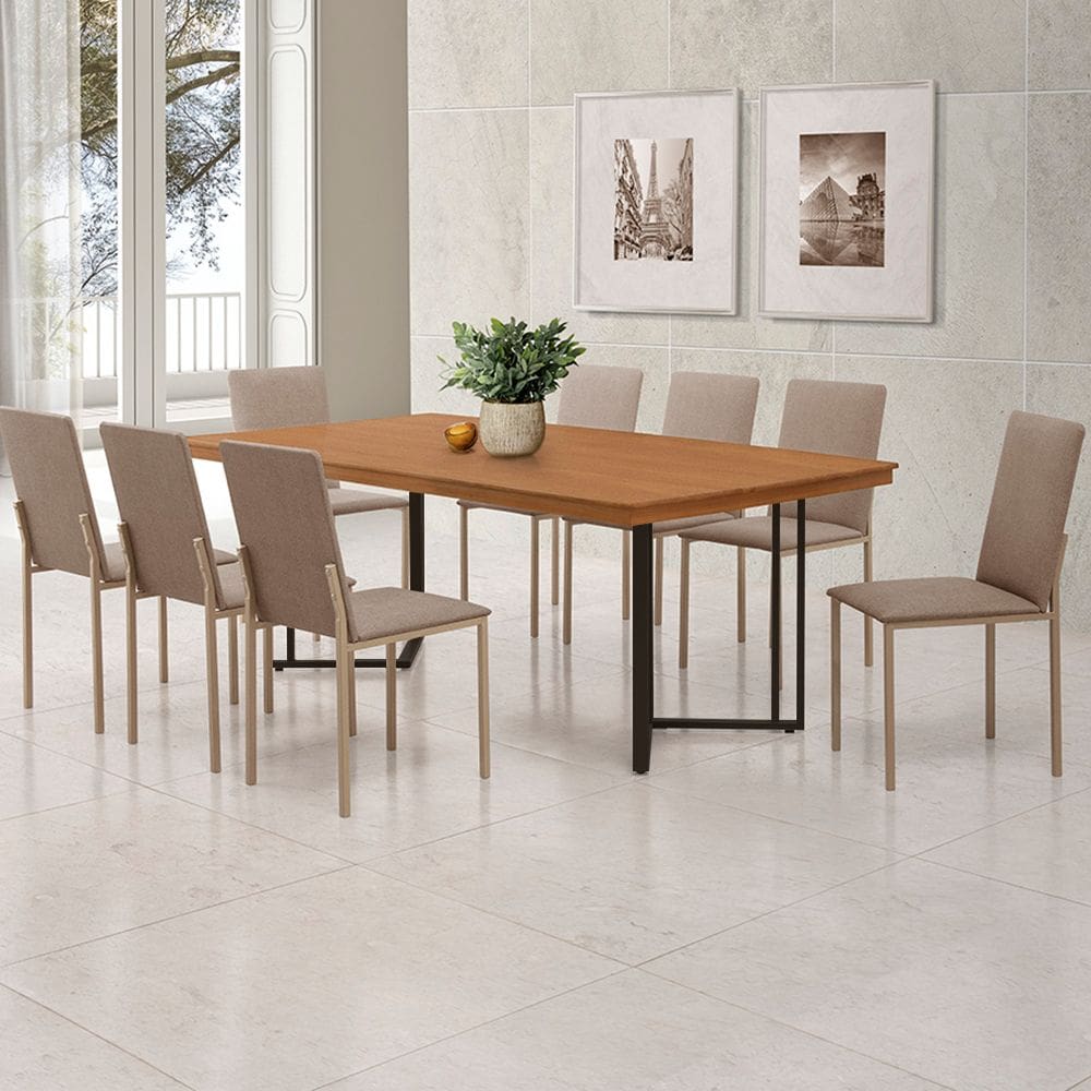 Mesa Michigan 180cm Estilo Industrial com Pés de Madeira Castanho Base Preta