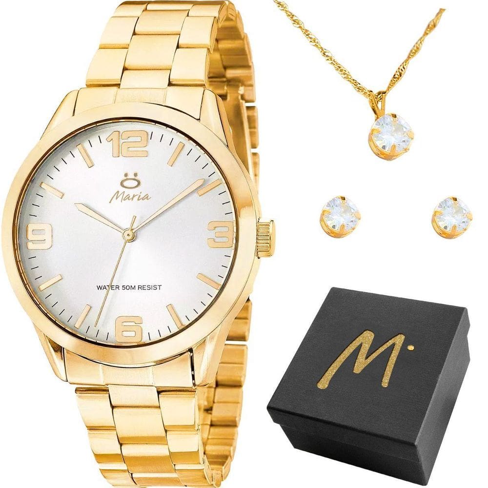 Relogio Banhado Aço Inox Feminino + Brincos Colar + Caixa