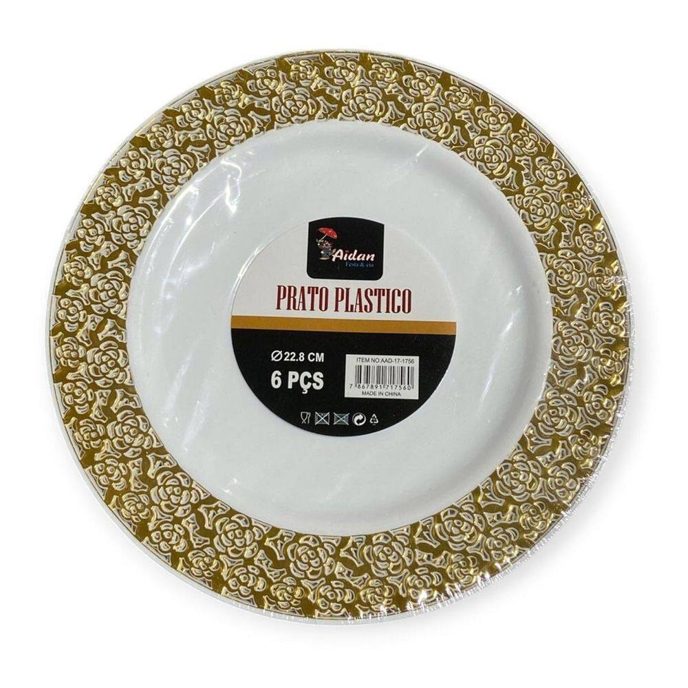 Kit 6 Pratos Redondo Reutilizável Borda Dourada Vazada 22Cm