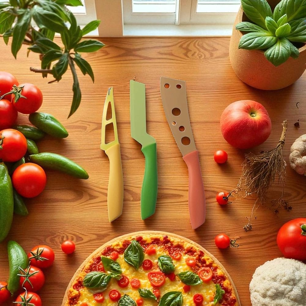 Conjunto 3 Facas Coloridas Para Queijo Lamina Antiaderente
