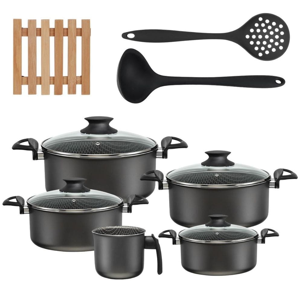 Jogo De Panelas 05 Pçs + 05 Descansos + Concha + Escumadeira