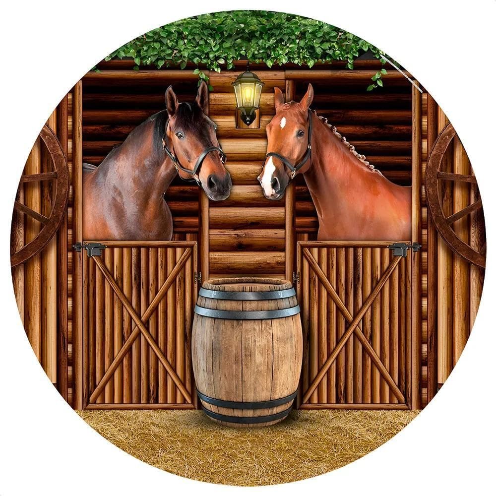 Painel Redondo Sublimado 3D Cavalos Em Tecido - 1, Celeiro