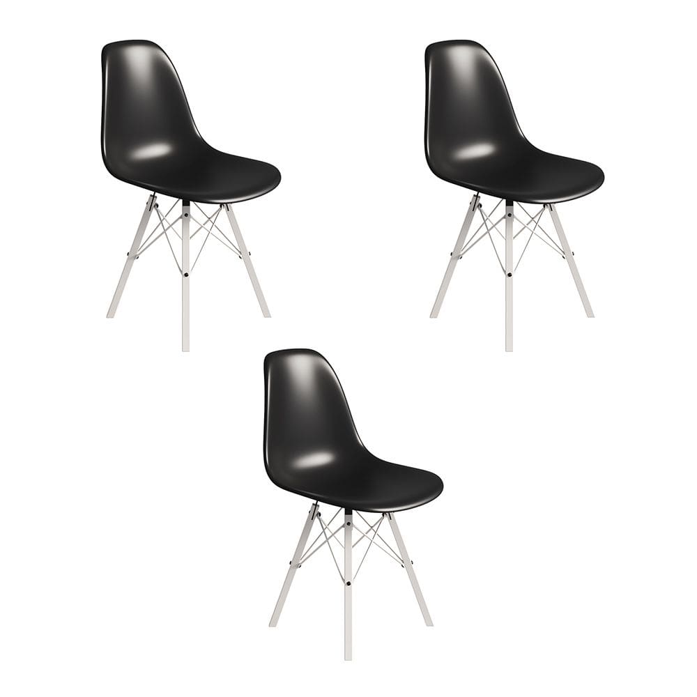 Conjunto 3 Cadeiras Eames Tubo Ferro Branco Assento Preto