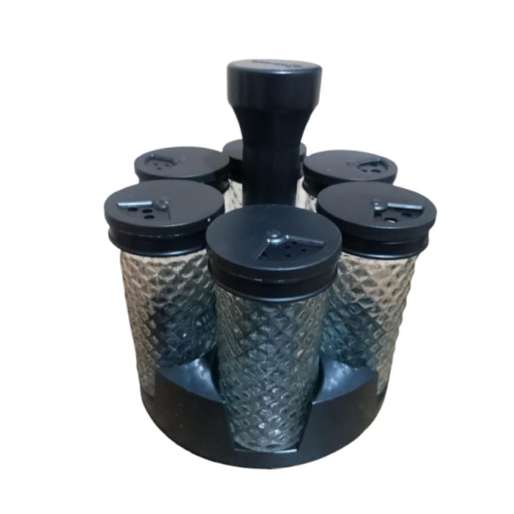 Porta Tempero Giratório 6 Potes De Vidro E Tampa Dosadora