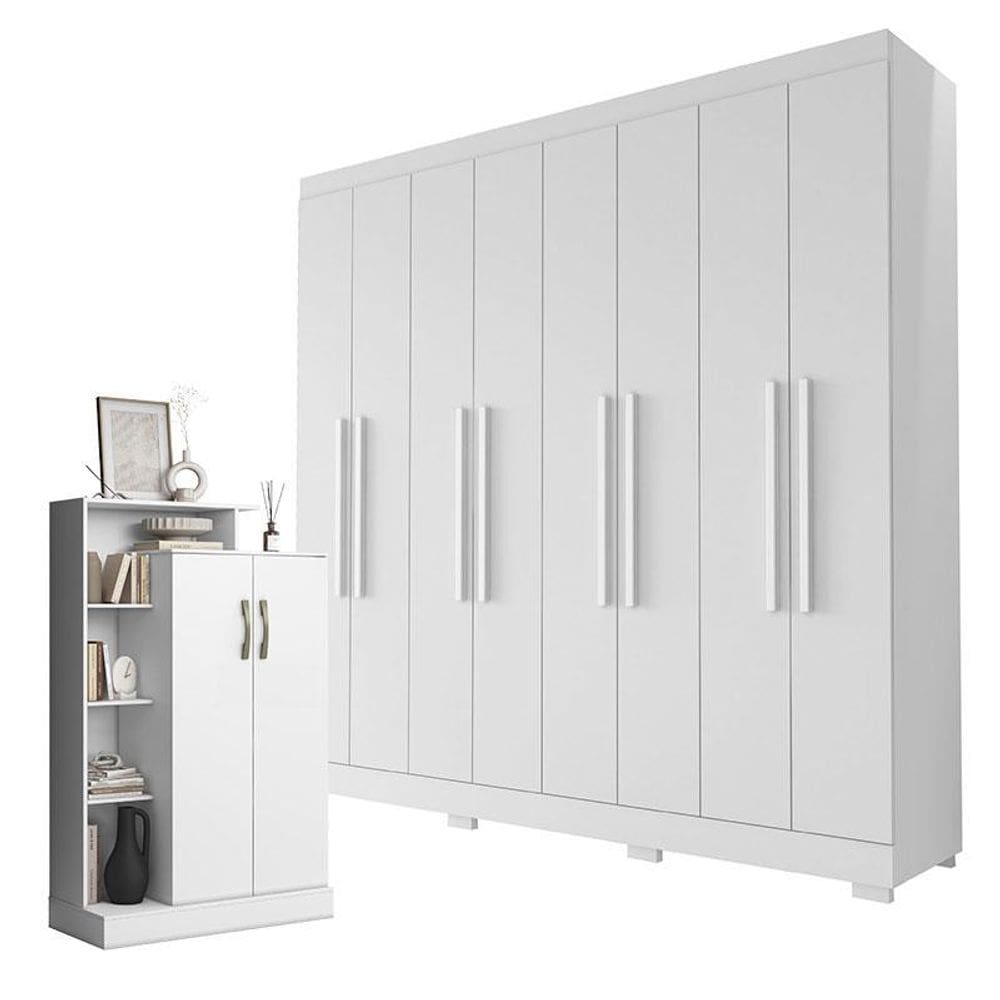 Guarda Roupa Casal Porto 8 Portas 4 Gavetas e Armário Multiuso Florença Branco Brilho - Aramóveis
