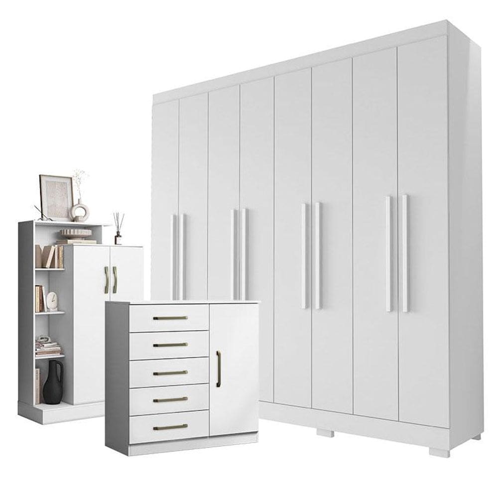 Guarda Roupa Casal Porto 8 Portas 4 Gavetas com Cômoda Sapateira Milão e Armario Multiuso 4 portas Branco Brilho - Aramóveis