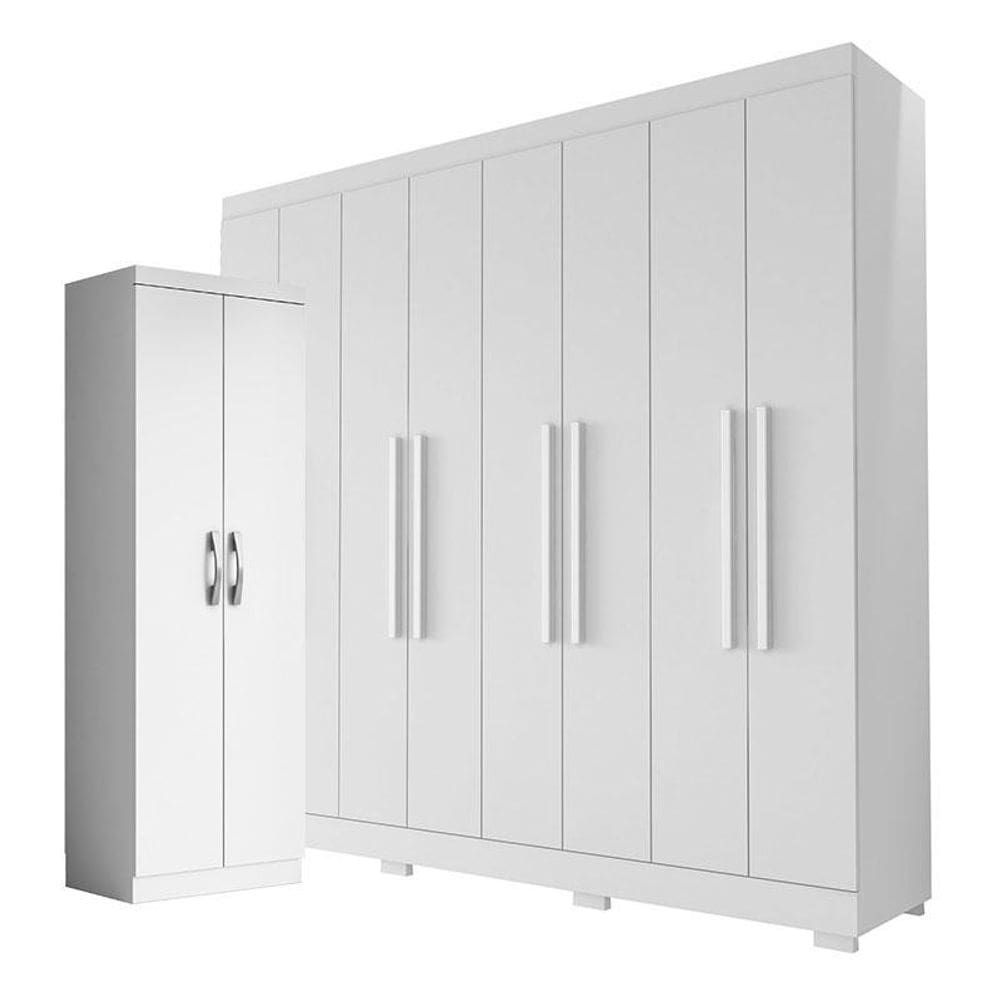 Guarda Roupa Casal Porto 8 Portas 4 Gavetas e Armário Multiuso 2 portas New Branco Brilho - Aramóveis