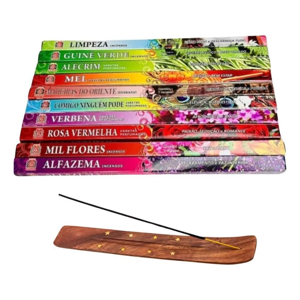 3X Kit 10 Caixas Incenso Indiano Aromas + Incensári