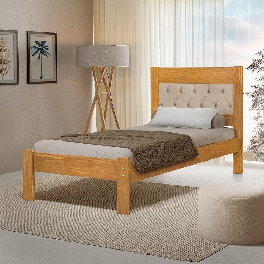 Cama de Solteiro de Madeira Imbuia Viena com Cabeceira Estofada Veludo Bege