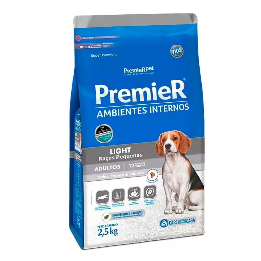 Ração Premier Ambientes Internos Cães Adultos Light Raças Pequenas Frango E Salmão 2,5kg