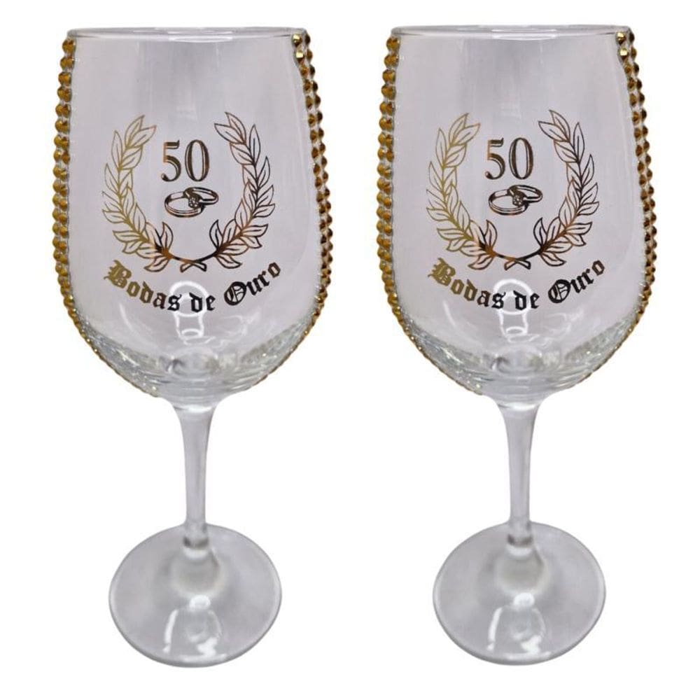 Kit 2 Taças Vidro Bodas De Ouro 50 Anos Luxo + Presente