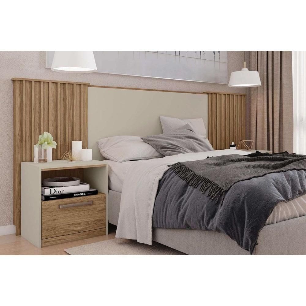 Cabeceira Cama Box Estofada Extensível Casal-queen-king Lucius 2 Mesas C- 1 Gaveta Buriti-off White - Caemmun