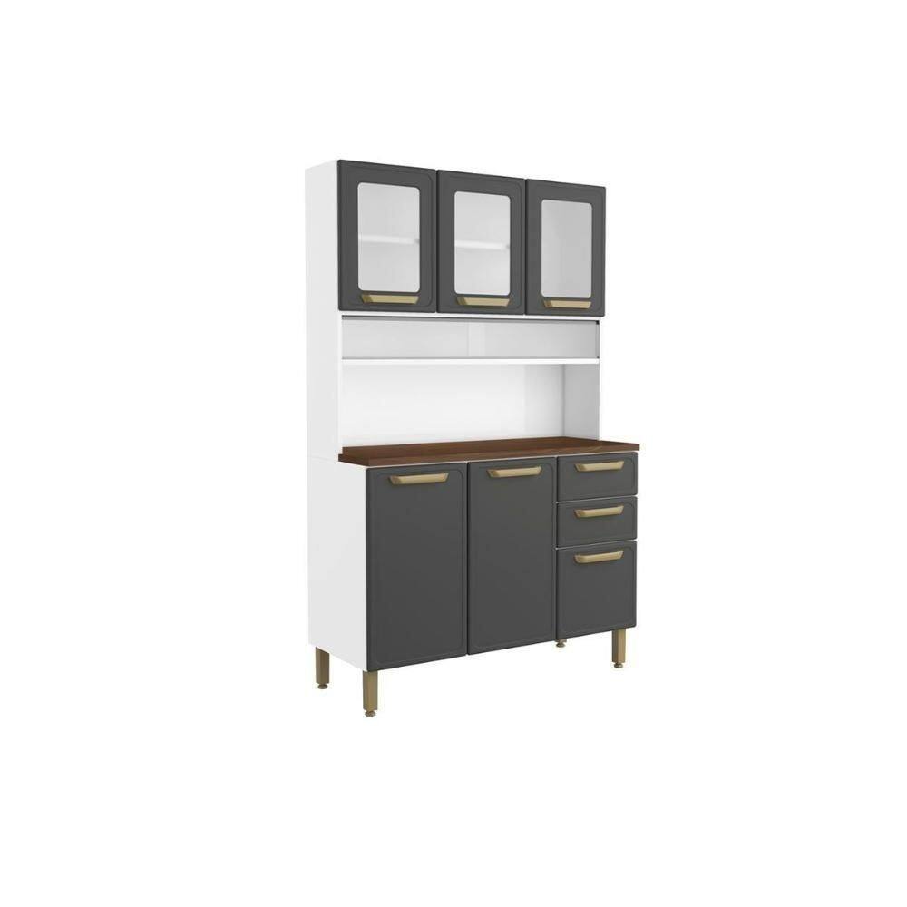 Kit De Cozinha Compacta Bella C- 6 Portas (3 C- Vidro) E 2 Gavetas 120cm Grafite - Bertolini