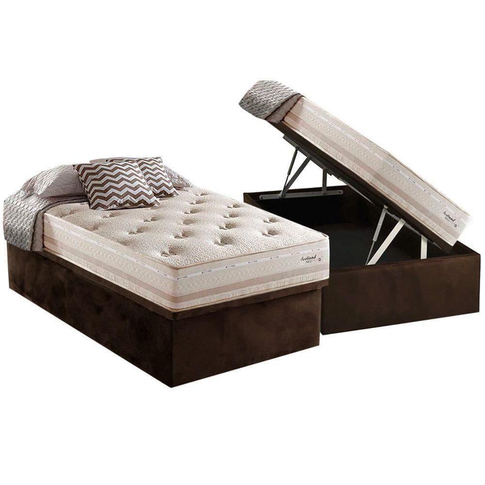 Cama Box Baú Solteiro: Colchão Molas Ensacadas Herval Maxspring Scotland + Base Crc Suede Brown (88x188)
