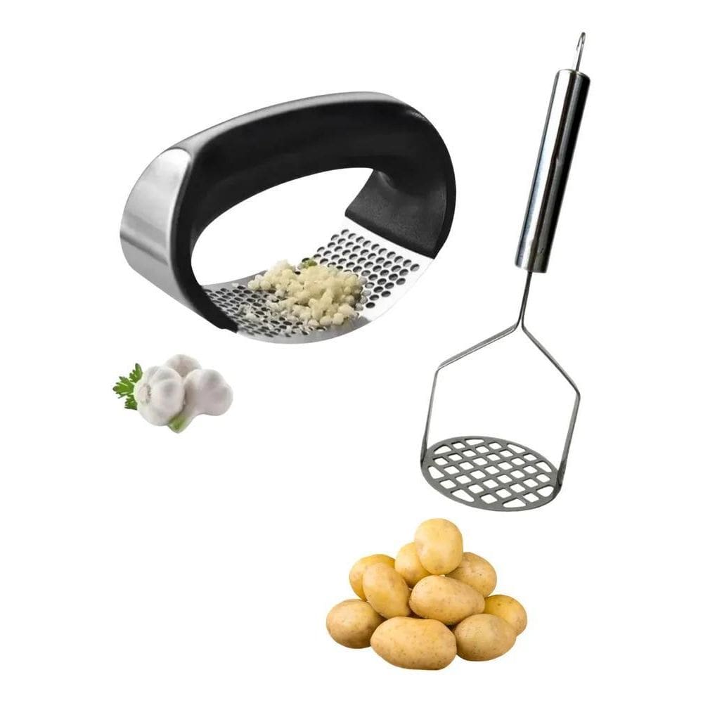2X Amassador Batata Inox E Amassador De Alho Multiuso Inox K