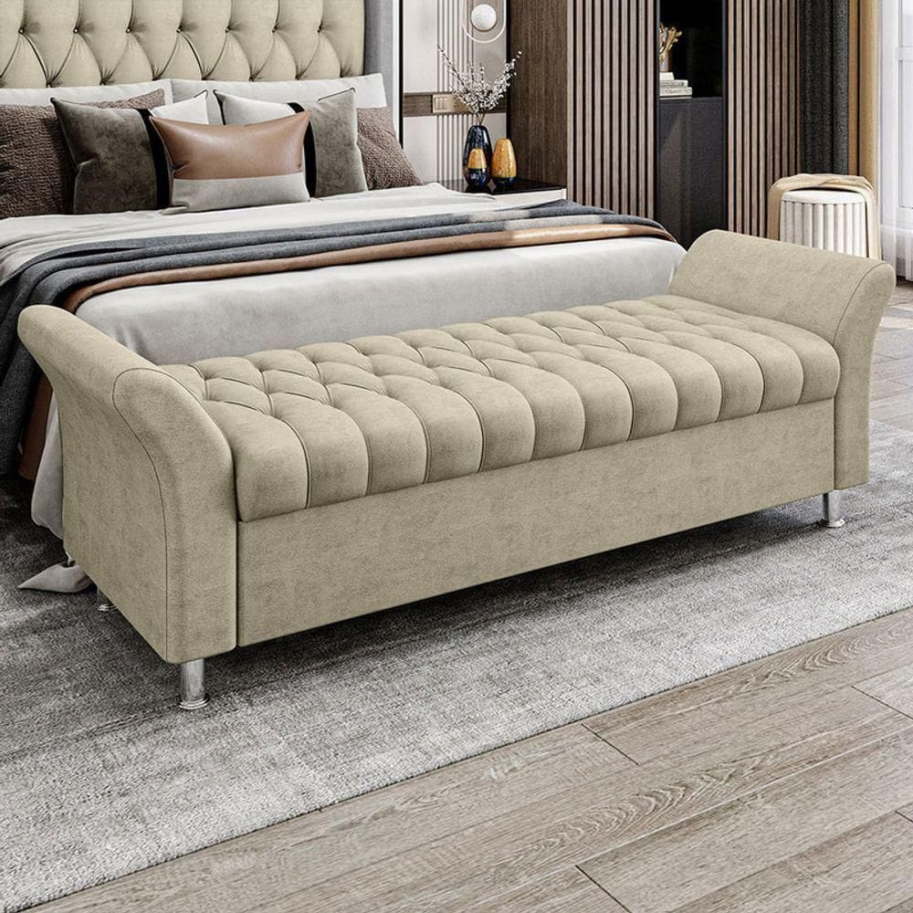 Recamier Puff Estofado Casal 140 Cm ágata Veludo Bege