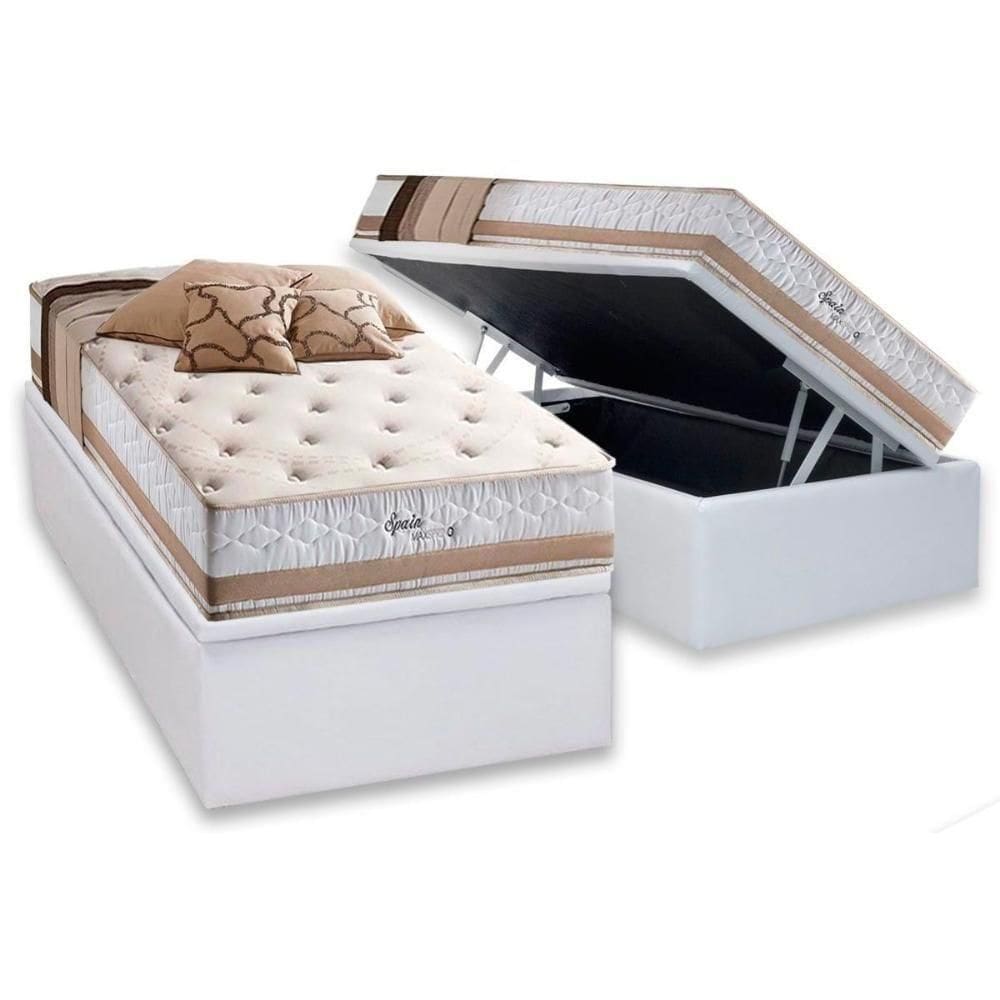 Cama Box Baú Solteiro: Colchão Molas Ensacadas Herval Maxspring Spain + Base Crc Courano White (88x188)